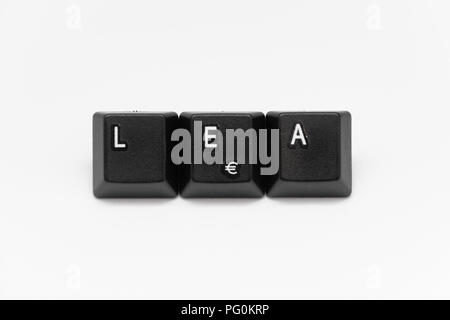 Schwarzen Tasten der Tastatur mit verschiedenen Wörtern oder Namen Stockfoto