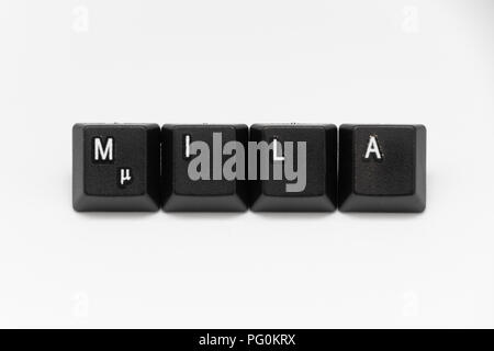 Schwarzen Tasten der Tastatur mit verschiedenen Wörtern oder Namen Stockfoto