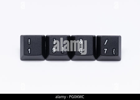 Schwarzen Tasten der Tastatur mit verschiedenen Wörtern oder Namen Stockfoto