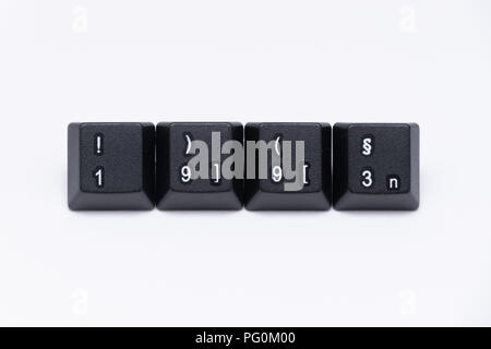 Schwarzen Tasten der Tastatur mit verschiedenen Wörtern oder Namen Stockfoto
