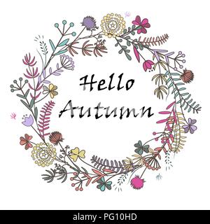 Hallo Herbst Hand gezeichnet Kranz mit Doodle wiesenkräutern. Rahmen Hintergrund für Verkauf Ankündigung, kosmetischen Verpackungen, Grußkarten und Banner Desig Stock Vektor
