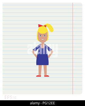 Vector Abbildung: fröhliches Mädchen auf Notebook Blatt in Einklang mit der Felder gezeichnet, flacher Stil Stock Vektor