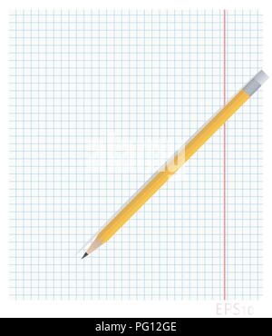 Vector Illustration von Notebook Blatt Papier in das Feld mit den Feldern, auf denen liegt ein Bleistift Schatten Stock Vektor