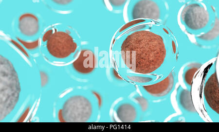 3-D-Zellen auf blauem Hintergrund. Wissenschaft und Biologie 3D-Rendering Stockfoto