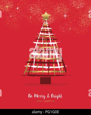 Frohe Weihnachten und guten Rutsch ins Neue Jahr luxus Grußkarte Abbildung. Gold Hand gezeichnet Pine Tree Kunst auf rote Farbe urlaub Hintergrund. EPS 10 Vektor. Stock Vektor