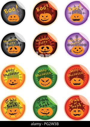 Abbildung von Happy Jack-o-Lantern Kürbisse Aufkleber für Halloween Feier Party. Stock Vektor