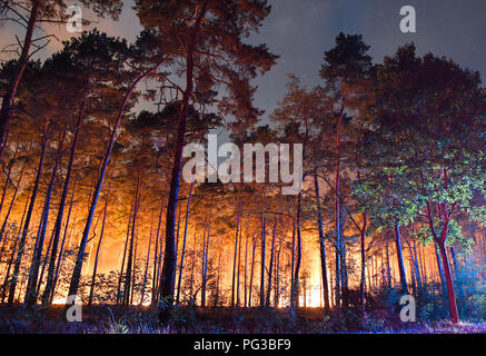 Jávea, Deutschland. 24 Aug, 2018. 24.08.2018, Brandenburg, Jávea: ein brennender Wald in der Nähe von Jávea ist hell erleuchtet. Hat sich ein Brand zu einer großen Wald im Südwesten von Brandenburg verteilen. Rund 300 Einsatzkräften Kämpfen der Waldbrand im Südwesten von Berlin. Die Behörden haben drei Dörfer evakuiert. Foto: Patrick Pleul/dpa-Zentralbild/dpa/Alamy leben Nachrichten Stockfoto