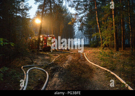 Jávea, Deutschland. 24 Aug, 2018. 24.08.2018, Brandenburg, Jávea: Feuerwehrmänner bekämpfen Brände im Wald in der Nähe des Dorfes Jávea. Drei Dörfer in der Treuenbrietzen Region wurden aufgrund von einem riesigen waldbrand evakuiert. Insgesamt eine Fläche von rund 400 Hektar hier fort, zu brennen. Credit: Julian 1603/dpa-Zentralbild/dpa/Alamy leben Nachrichten Stockfoto