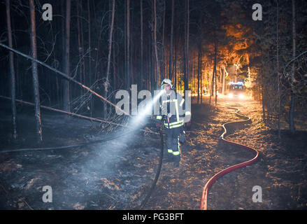 Jávea, Deutschland. 24 Aug, 2018. 24.08.2018, Brandenburg, Jávea: ein Feuerwehrmann Spaziergänge durch einen verbrannten Wald. Hat sich ein Brand zu einer großen Wald im Südwesten von Brandenburg verteilen. Rund 300 Einsatzkräften Kämpfen der Waldbrand im Südwesten von Berlin. Die Behörden haben drei Dörfer evakuiert. Foto: Patrick Pleul/dpa-Zentralbild/dpa/Alamy leben Nachrichten Stockfoto