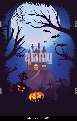Happy Halloween Nacht Poster Design, gruselig Friedhof, Friedhöfe mit Kürbissen, unheimlichen Schloss und Vollmond Hintergrund mit Baum Rahmen, Halloween Nacht Stock Vektor