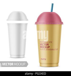 Weiß Einweg Plastikbecher mit Deckel. Stock Vektor