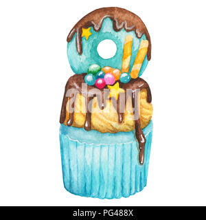 Aquarell Cupcake, Fee Kuchen auf einem weißen Hintergrund. Sweet delicious Hand gezeichnet Bäckerei Abbildung. Stockfoto