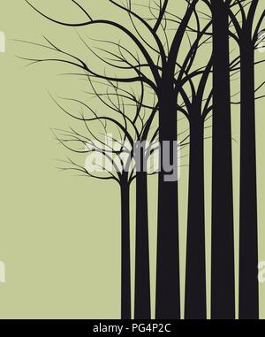 Dunkle Bäume ohne Blätter auf grünem Hintergrund Stock Vektor