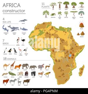 Flache Afrika Flora und Fauna Karte Konstruktor Elemente. Tiere, Vögel und Sea Life auf Weiß große isoliert. Erstellen Sie Ihre eigenen Geographie Infografiken col Stock Vektor