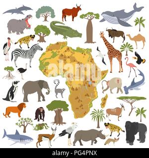 Flache Afrika Flora und Fauna Karte Konstruktor Elemente. Tiere, Vögel und Sea Life auf Weiß große isoliert. Erstellen Sie Ihre eigenen Geographie Infografiken col Stock Vektor