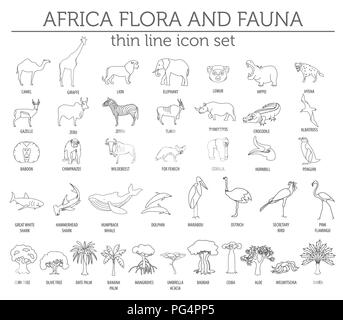 Dünne Linie Afrika Flora und Fauna Elemente. Tiere, Vögel und Sea Life auf Weiß große isoliert. Ihre eigene Geographie Infografiken Sammlung aufzubauen. Ve Stock Vektor