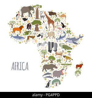 Flache Afrika Flora und Fauna Karte Konstruktor Elemente. Tiere, Vögel und Sea Life auf Weiß große isoliert. Erstellen Sie Ihre eigenen Geographie Infografiken col Stock Vektor