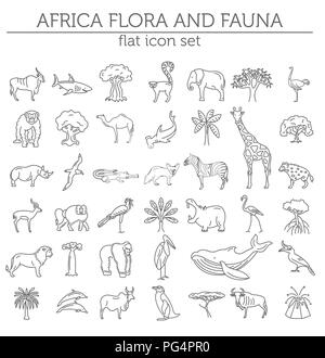 Flache afrikanische Flora und Fauna Elemente. Tiere, Vögel und Sea life simple Line Icon Set. Vector Illustration Stock Vektor