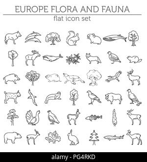 Flache europäischen Flora und Fauna Elemente. Tiere, Vögel und Sea life simple Line Icon Set. Vector Illustration Stock Vektor