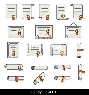 Satz von Zertifikat dünne Linie Symbole. Einfache Sammlungen blättert, Papiere, Diplom. Stock Vektor