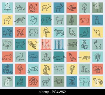 Flache asiatische Flora und Fauna Elemente. Tiere, Vögel und Sea life simple Line Icon Set. Vector Illustration Stock Vektor