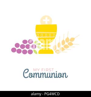 Erstkommunion Symbole für eine nette Einladung Design. Kirche und christliche Gemeinschaft flache Kontur Symbole. Stock Vektor