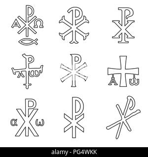 Christliche Symbole Symbole gesetzt. Glänzend Chi Rho, Christogram, Chrismon, labarum Symbole gesetzt. Stock Vektor