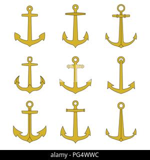 Anker Umrisse Symbole gesetzt. Marine und nautischen Embleme Sammlung. Stock Vektor