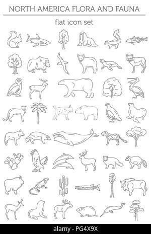 Flache Nordamerika Flora und Fauna Elemente. Tiere, Vögel und Sea life simple Line Icon Set. Vector Illustration Stock Vektor