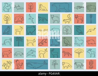 Flache Nordamerika Flora und Fauna Elemente. Tiere, Vögel und Sea life simple Line Icon Set. Vector Illustration Stock Vektor