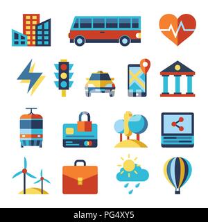 Digitale Vektor smart city Icons mit gezogenen Simple Line Art info Grafik fest, Flacher Stil Stock Vektor