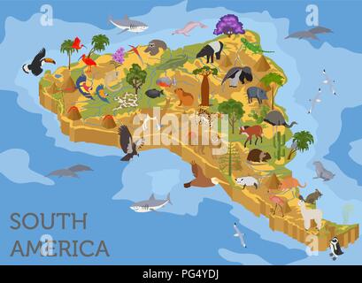 Isometrische 3d-Südamerika Flora und Fauna Karte Elemente. Tiere, Vögel und Sea Life. Ihre eigene Geographie Infografiken Sammlung aufzubauen. Vektor illustr Stock Vektor