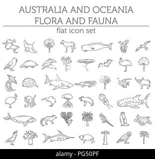 Flache Australien und Ozeanien Flora und Fauna Elemente. Tiere, Vögel und Sea life simple Line Icon Set. Vector Illustration Stock Vektor