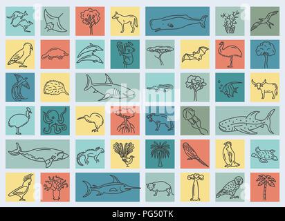 Flache Australien und Ozeanien Flora und Fauna Elemente. Tiere, Vögel und Sea life simple Line Icon Set. Vector Illustration Stock Vektor
