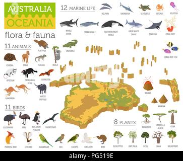 Isometrische 3d-Australien und Ozeanien Flora und Fauna Karte Elemente. Tiere, Vögel und Sea Life. Ihre eigene Geographie Infografiken Sammlung aufzubauen. Vektor Stock Vektor
