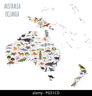 Australien und Ozeanien Flora und Fauna Karte, flache Elemente. Tiere, Vögel und Sea Life big eingestellt. Ihre Geographie Infografiken Sammlung aufzubauen. Vektor il Stock Vektor