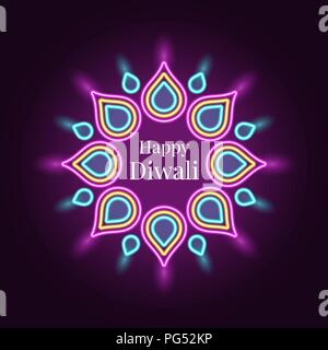 Happy Diwali, Banner in helles Neon Stil. Vector Illustration von Neon Rangoli mit Beleuchtung, Diwali Festival der Lichter. Indische Urlaub der Lichter, Stock Vektor