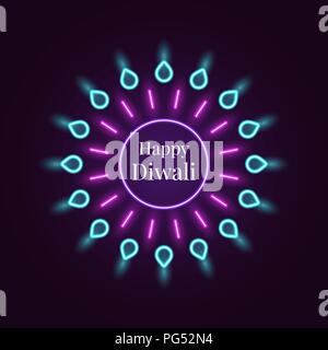 Happy Diwali, Banner in helles Neon Stil. Vector Illustration von Neon Rangoli mit Beleuchtung, Diwali Festival der Lichter. Indische Urlaub der Lichter, Stock Vektor