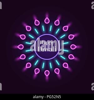 Happy Diwali, Banner in helles Neon Stil. Vector Illustration von Neon Rangoli mit Beleuchtung, Diwali Festival der Lichter. Indische Urlaub der Lichter, Stock Vektor