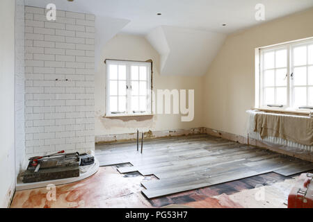 Badezimmer ripout und Fliesen vor einem Umbau, Einbau und Sanierung Stockfoto