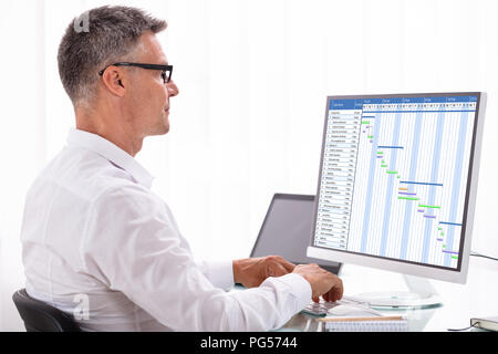 Seitenansicht eines reifen Geschäftsmann Analyse Gantt-diagramm auf Computer im Büro Stockfoto