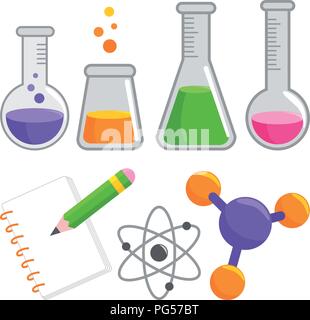 Wissenschaft und Chemie. Schulausrüstung für Wissenschaft, Biologie oder Chemie. Reagenzgläser und Notizbuch für Studenten-Wissenschaftsprojekt. Stock Vektor