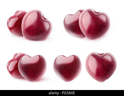 Isolierte Kirschen. Sammlung von herzförmige Sweet cherry Früchte ohne Stängel auf weißem Hintergrund mit Freistellungspfad isoliert Stockfoto