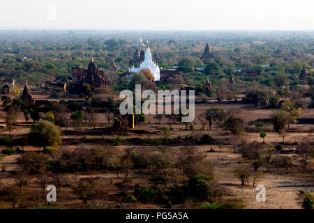 Weiße Pagode in der Ebene von Bagan. Bagan ist eine historische Stadt in Myanmar mit über zweitausend erhaltenen Pagoden. Stockfoto