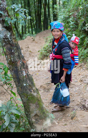 Eine Frau der Flower Hmong und ihr Enkel in der Nähe von Sapa, Vietnam Stockfoto