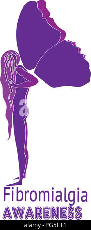 Fibromyalgie Bewusstsein. Lila Frau Silhouette mit schweren purple Butterfly Wings, Symbol der Fibromyalgie, chronische Schmerzen, chronische Müdigkeit ein Stockfoto