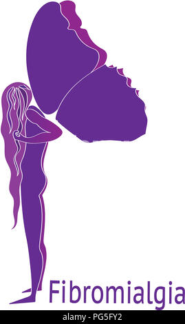 Fibromyalgie Bewusstsein. Lila Frau Silhouette mit schweren purple Butterfly Wings, Symbol der Fibromyalgie, chronische Schmerzen, chronische Müdigkeit ein Stockfoto