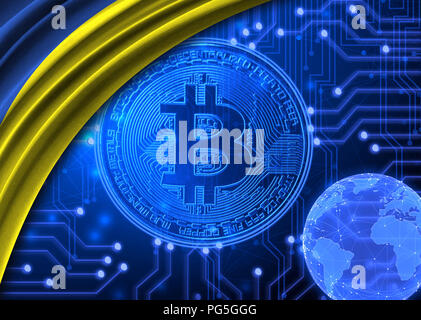 Flagge der Ukraine ist vor dem Hintergrund der crypto Währung bitcoin gezeigt. Globale Welt crypto Währung - bitcoin. Zeigt den aktuellen Wechselkurs, Grippe Stockfoto