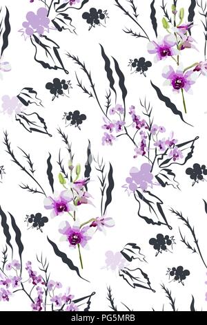 Florale nahtlose Muster mit unterschiedlichen Blumen und Blätter. Botanische Illustration von Hand gemalt. Textildruck, fabric Swatch, Geschenkpapier. Stock Vektor