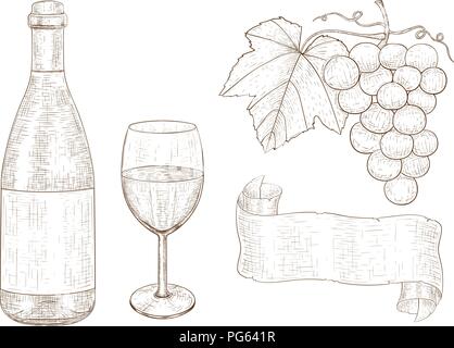 Wein eingestellt. Flasche Wein, Glas, Trauben. Hand Skizze gezeichnet Stock Vektor